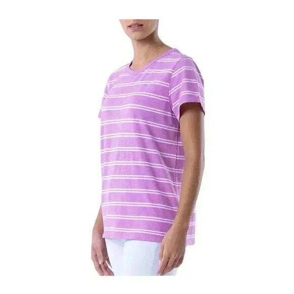 Time & Tru Women's Pink Orchid Bloom/Vivid White Cotton/Poly Striped T-Shirt NEW - Picture 5 of 11